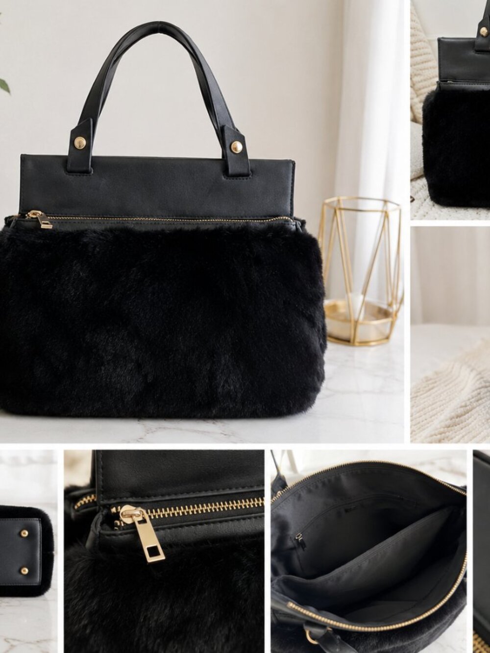 Black Soft Faux Fur Convertible Purse Top Handle and Crossbody